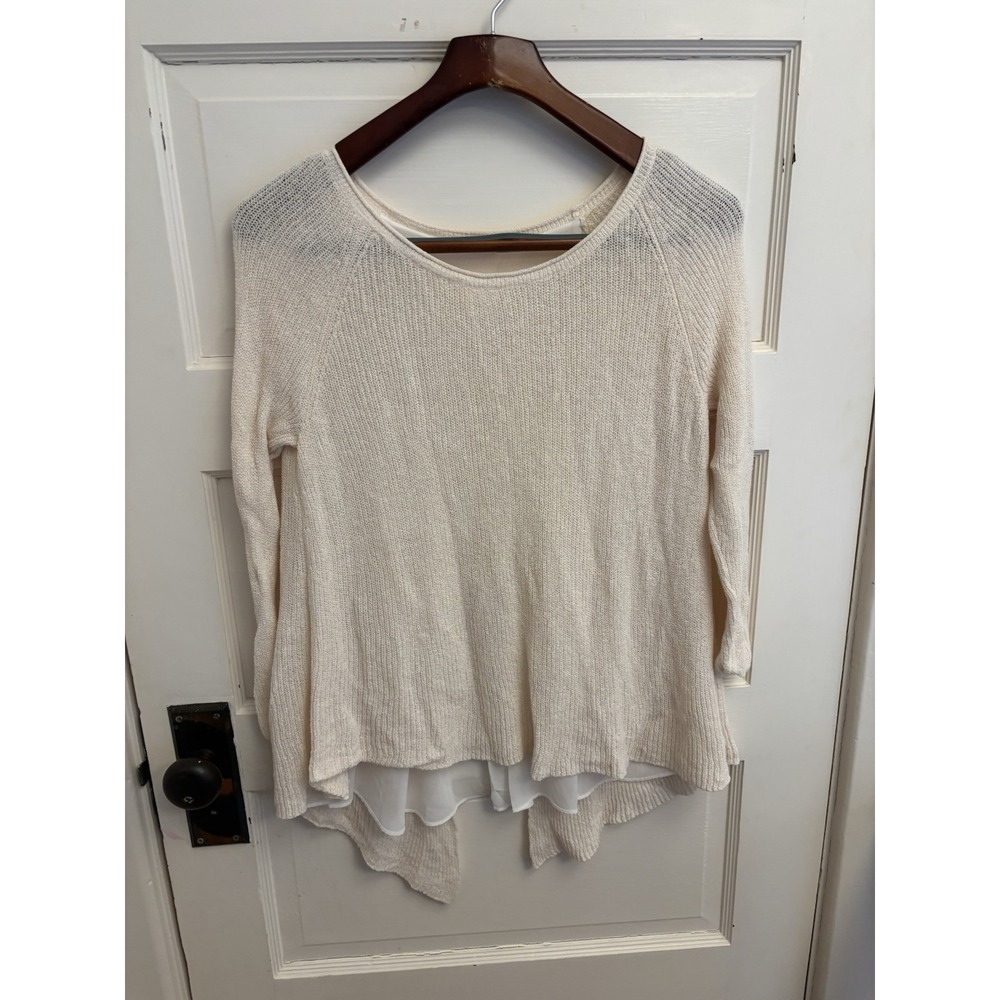 Anthropologie Moth Women's Split Back Cream Knit Sheer Sweater 3/4 Sleeve Small - Picture 2 of 7